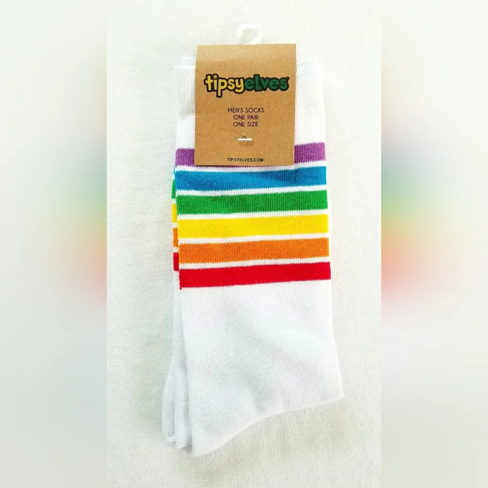 Mens Tipsy Elves White Rainbow 100% Cotton Crew Socks New With Tag